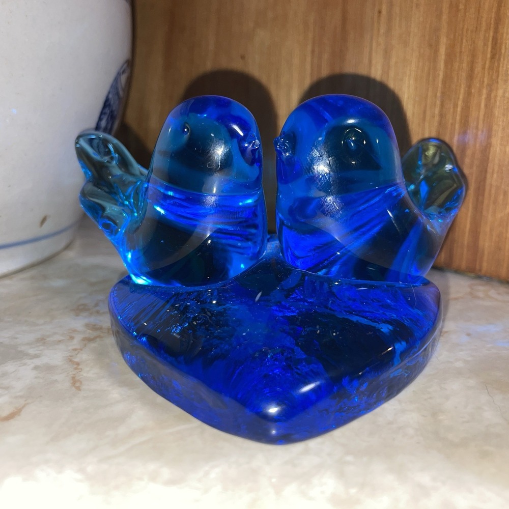 Bluebirds of Happiness 2 Birds on Heart Shaped Blue‎ Glass Base